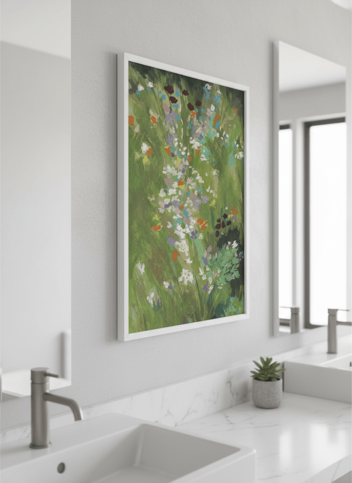 Modern print displayed in a clean minimalist bathroom setting