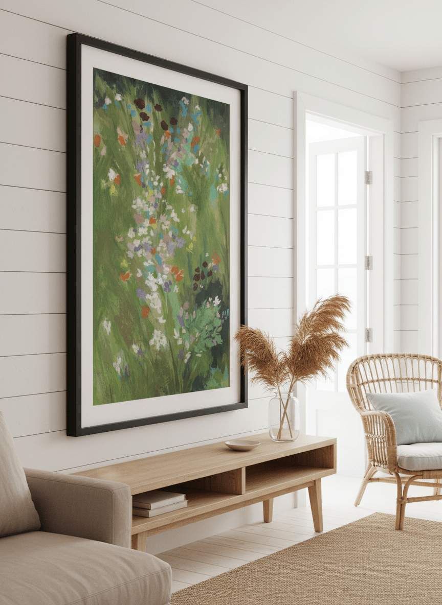 Neutral wall art displayed in a sunny coastal beach house