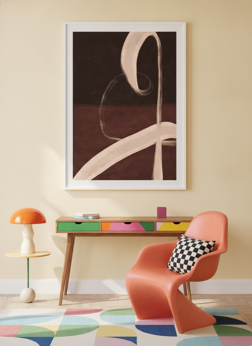 Modern wall art print styled on the wall in a colourful eclectic home office