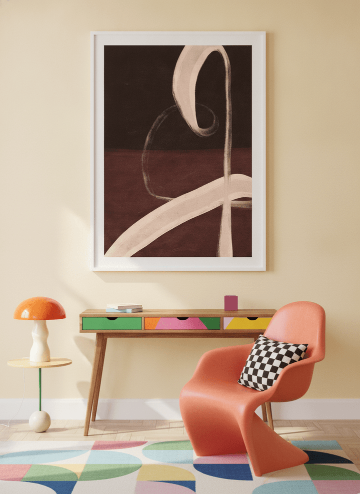 Modern wall art print styled on the wall in a colourful eclectic home office