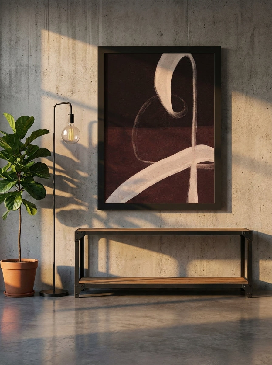 Modern wall art print styled on the wall in an industrial loft living room