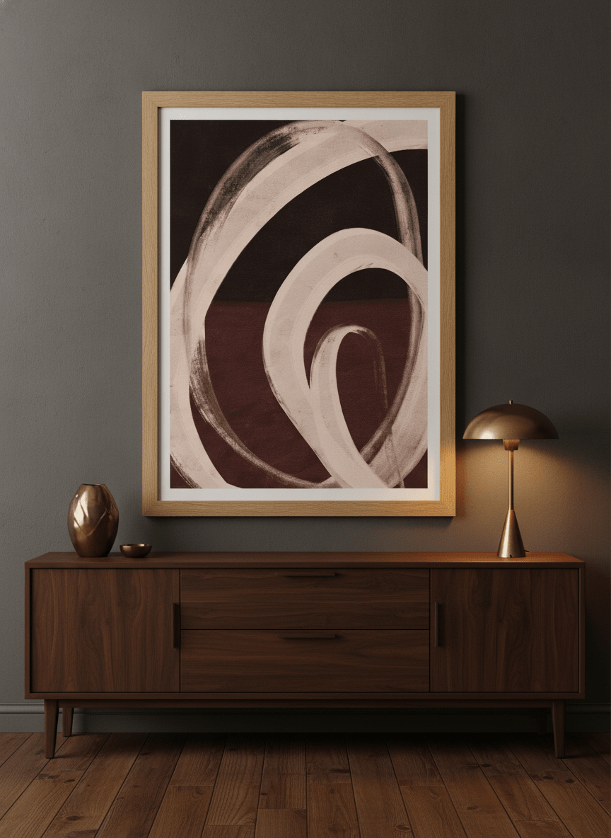 Modern wall art print styled on the wall in a moody living room