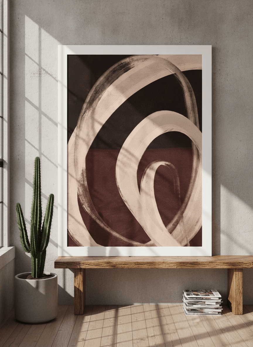 Modern wall art print standing on a bench in an industrial loft bedroom