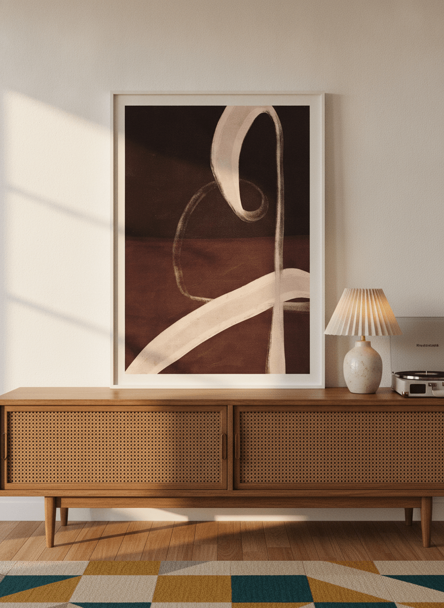 Modern wall art print standing on a sideboard in a mid-century bedroom