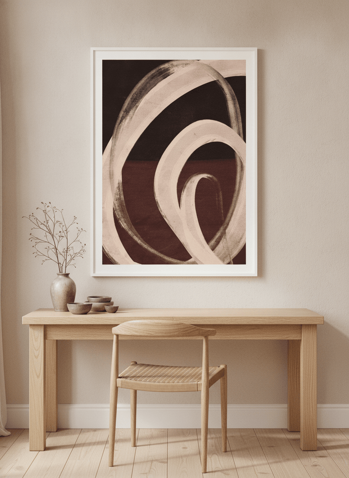 Modern wall art print styled on the wall in a warm Japandi home office