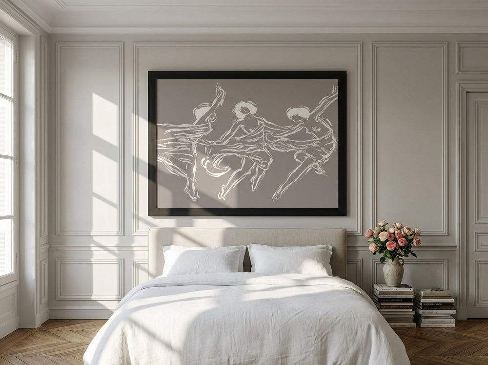 Oversized statement modern wall art print styled on the wall in a Parisian bedroom