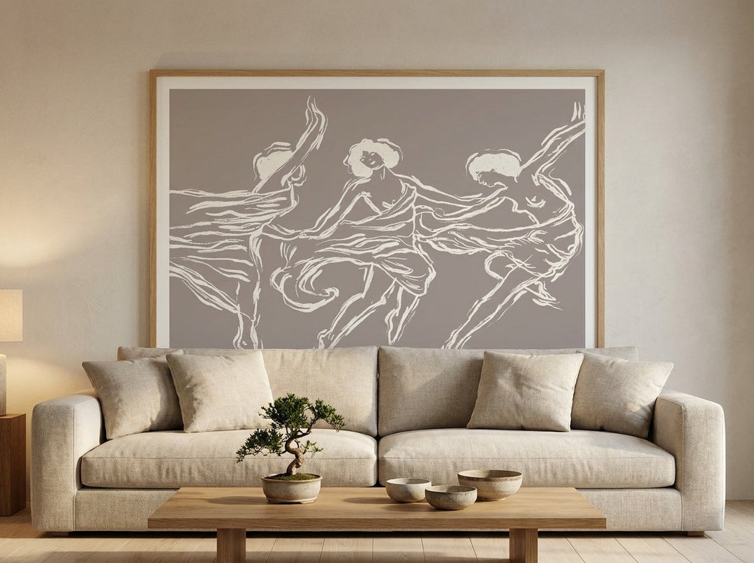 Modern wall art print styled on the wall in a warm Japandi living room
