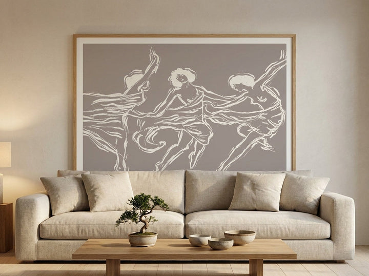 Modern wall art print styled on the wall in a warm Japandi living room