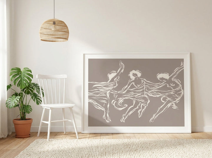 Modern wall art print leaning against the wall in a bright Scandinavian bedroom