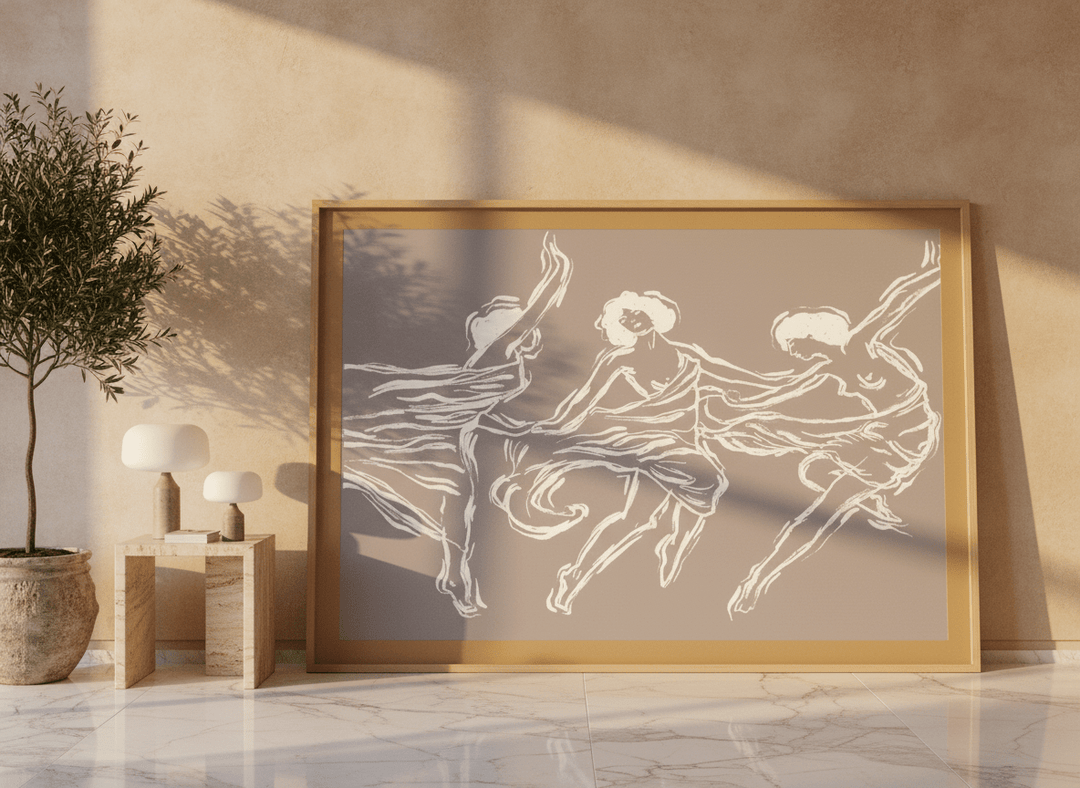 Oversized statement modern wall art print leaning against the wall in a luxe bedroom