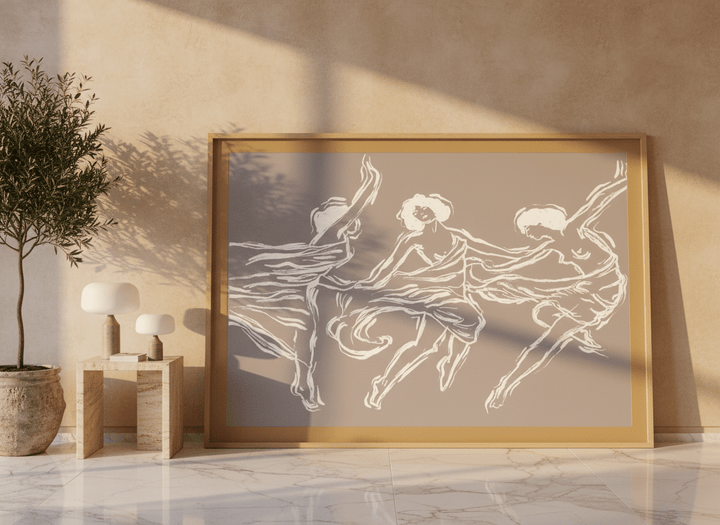 Oversized statement modern wall art print leaning against the wall in a luxe bedroom