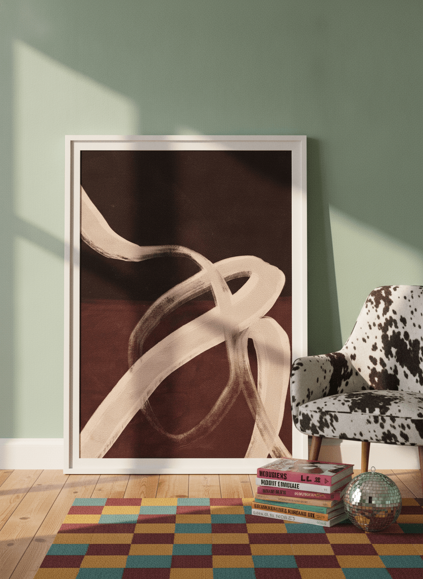 Modern wall art print leaning against the wall in a colourful eclectic home office