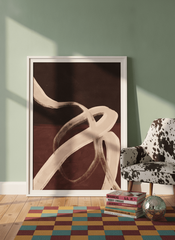 Modern wall art print leaning against the wall in a colourful eclectic home office