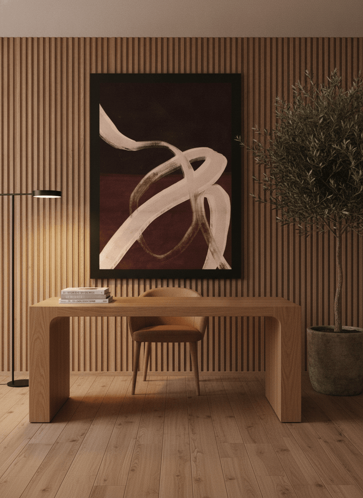 Oversized statement modern wall art print styled on the wall in a luxe home office