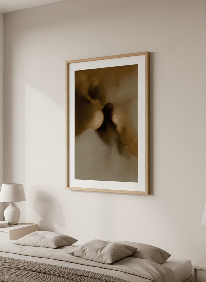 Minimalist artwork displayed in a calm, light-filled bedroom interior