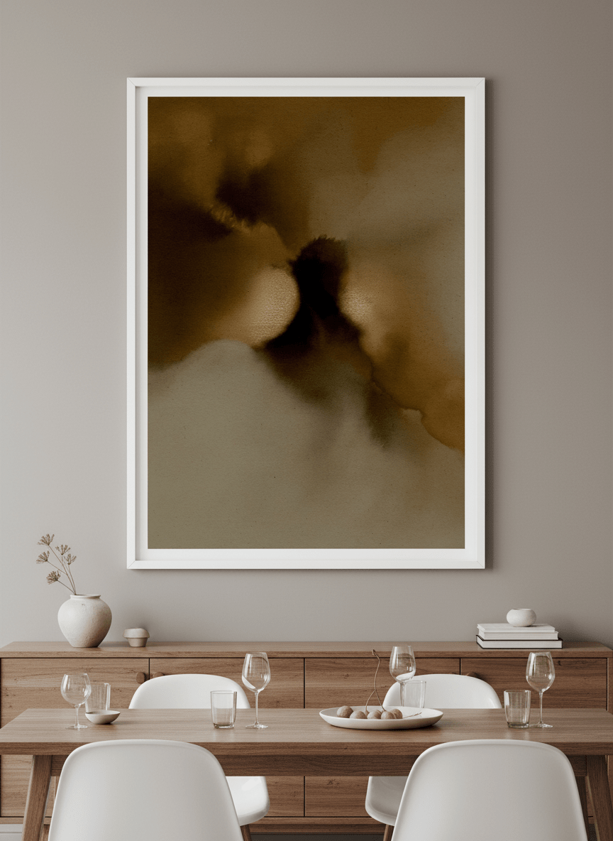 Wall art styled above a dining table in a contemporary home