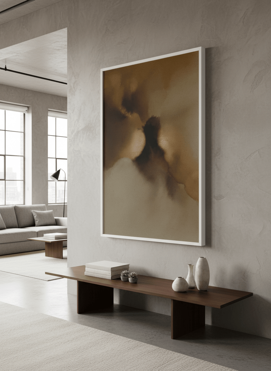 Monumental artwork centred on a feature wall in a luxe interior