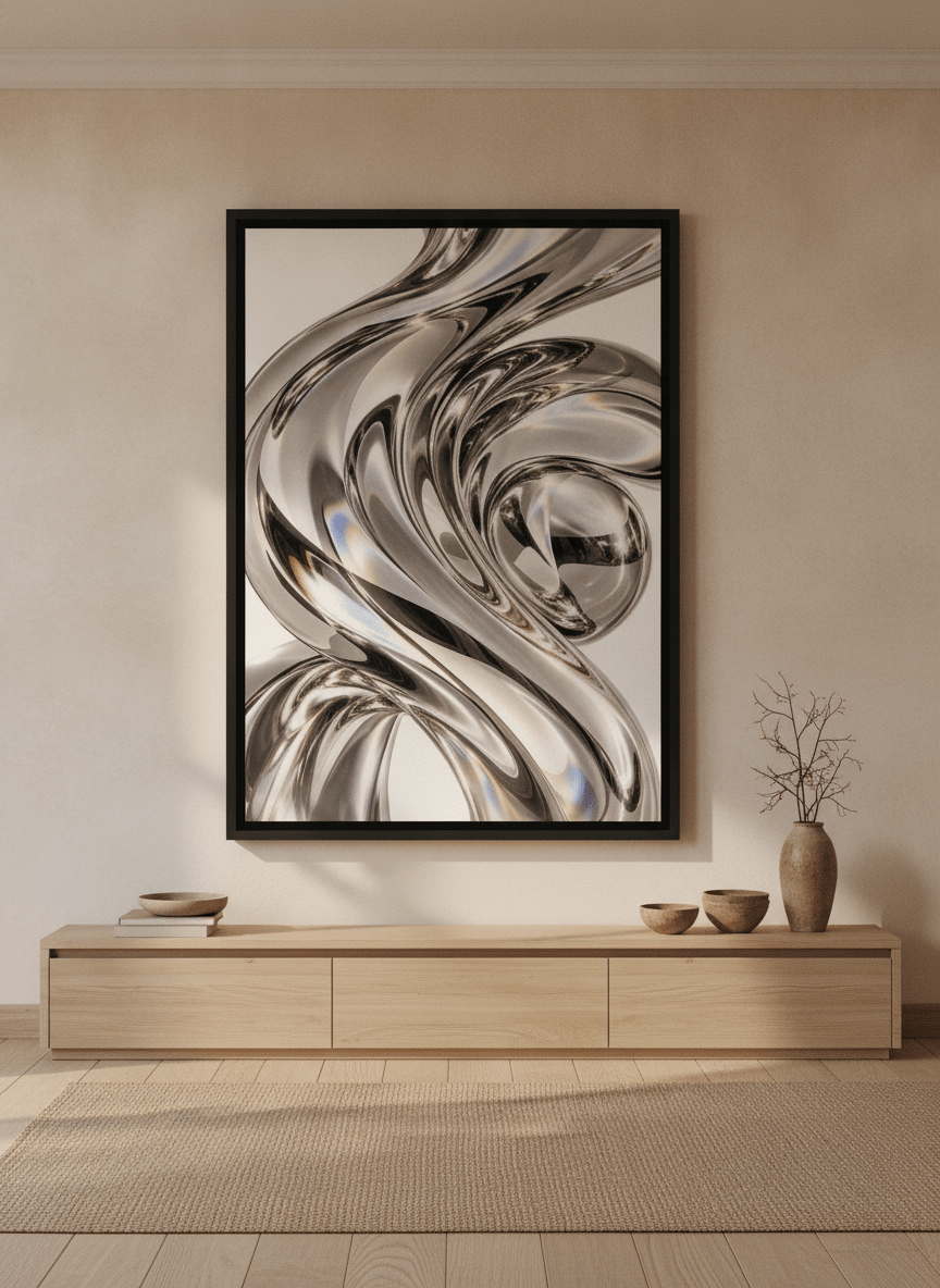 Oversized statement canvas wall art with a black surround styled on the wall in a warm Japandi living room