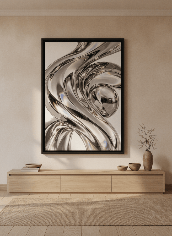 Oversized statement canvas wall art with a black surround styled on the wall in a warm Japandi living room