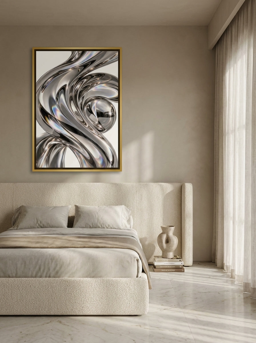 Oversized statement canvas wall art with a gold leaf surround styled on the wall in a luxe bedroom