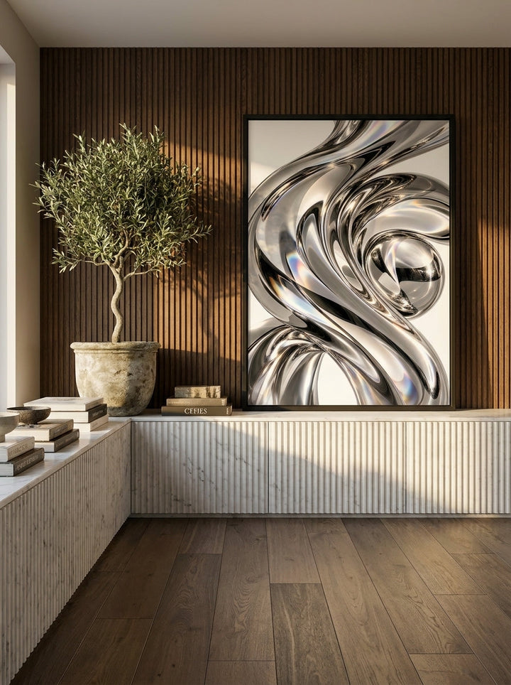 Modern wall art print standing on a sideboard in a luxe home office