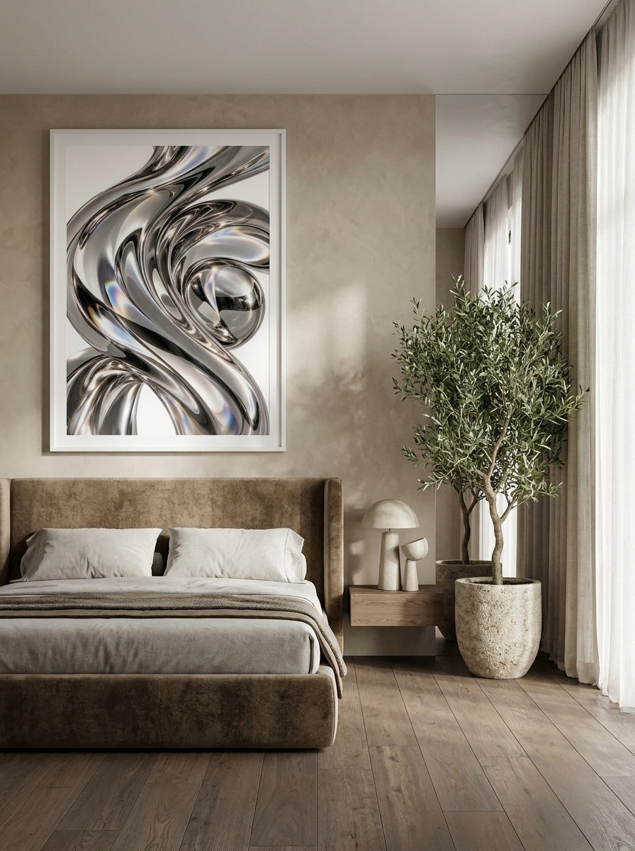 Oversized statement modern wall art print styled on the wall in a luxe bedroom