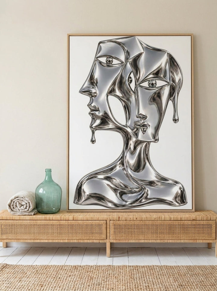 Canvas wall art with a natural timber surround standing on a sideboard in a coastal home office