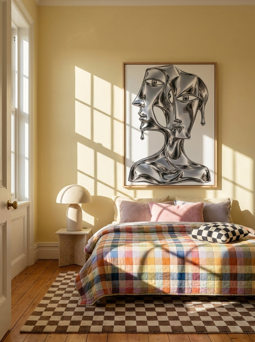 Oversized statement modern wall art print styled on the wall in a colourful eclectic bedroom