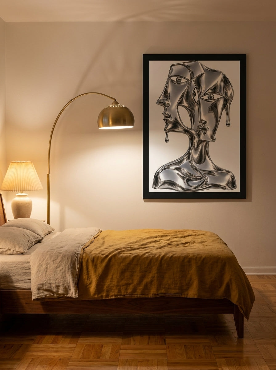 Modern wall art print styled on the wall in a mid-century bedroom