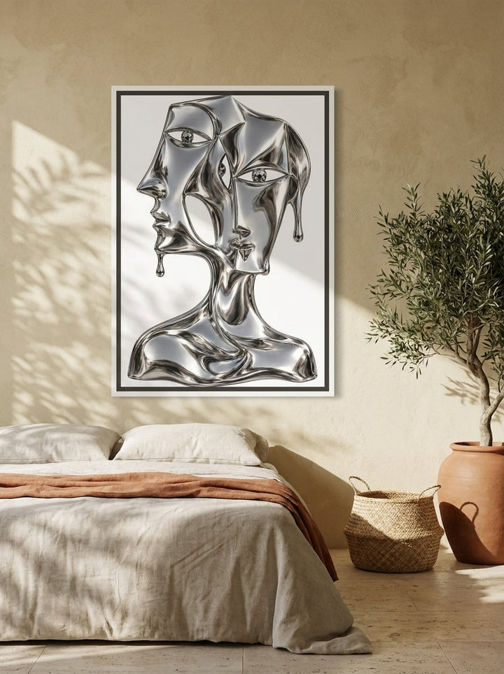Canvas wall art with a white surround styled on the wall in a Mediterranean bedroom