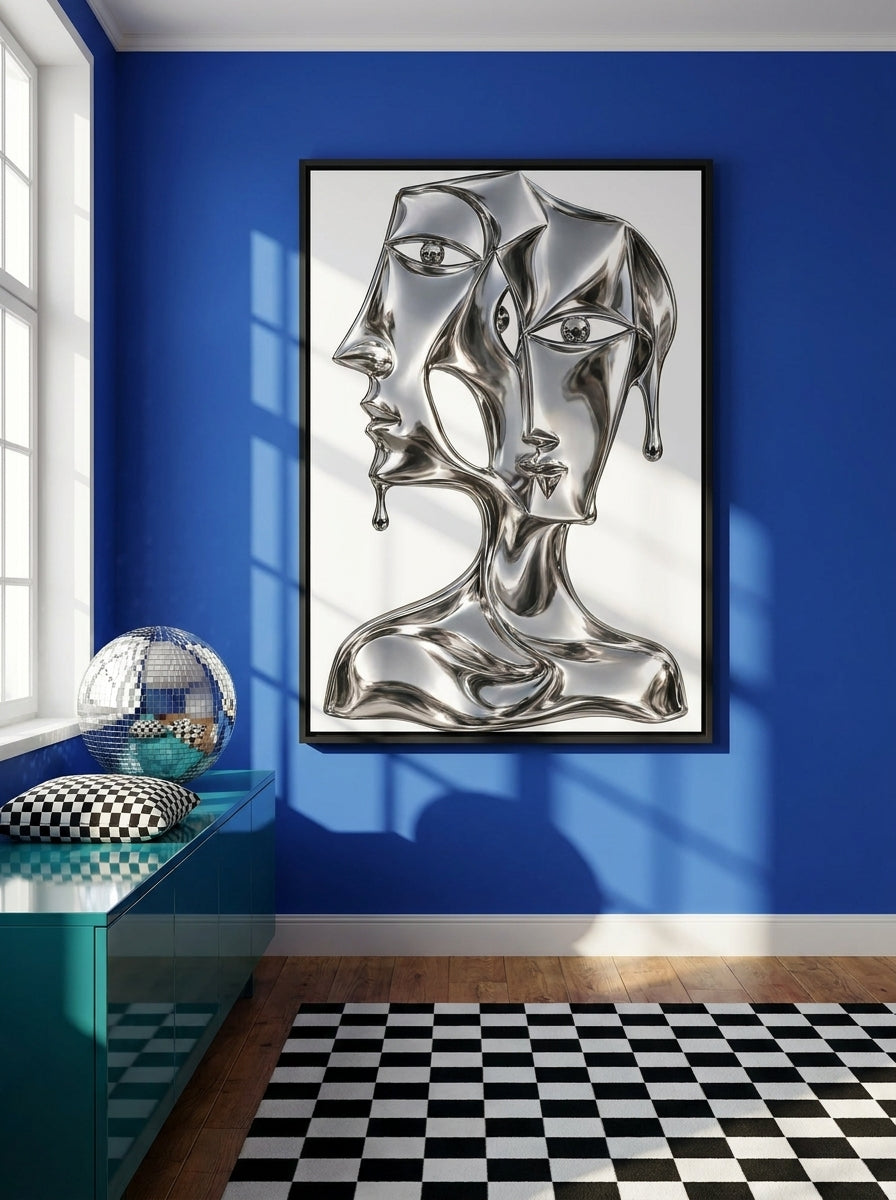 Oversized statement canvas wall art with a black surround styled on the wall in a colourful eclectic living room