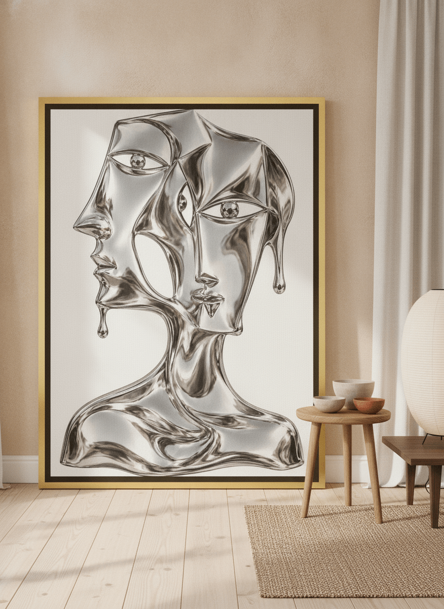 Oversized statement canvas wall art with a gold leaf surround leaning against the wall in a warm Japandi living room