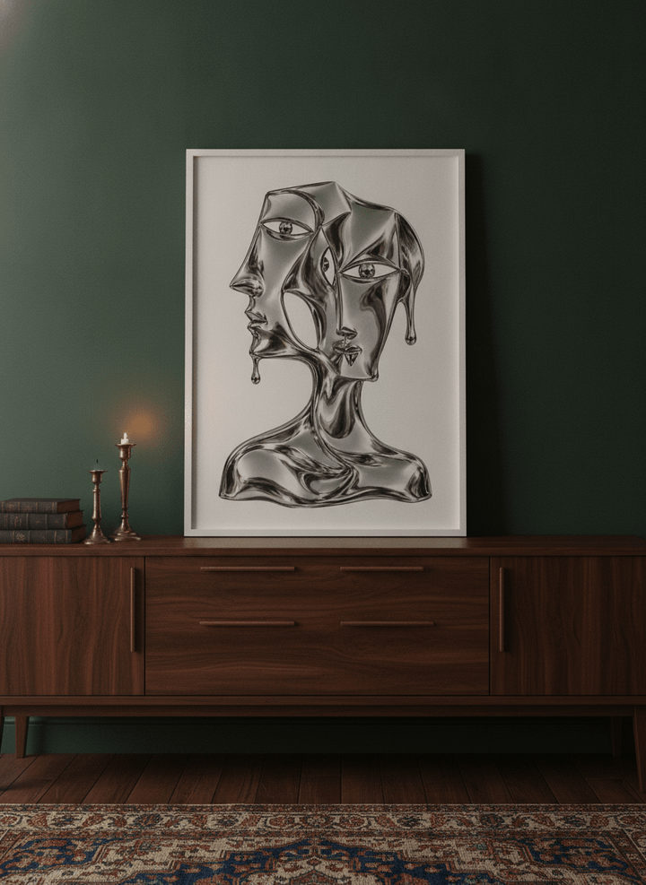 Modern wall art print standing on a sideboard in a moody home office