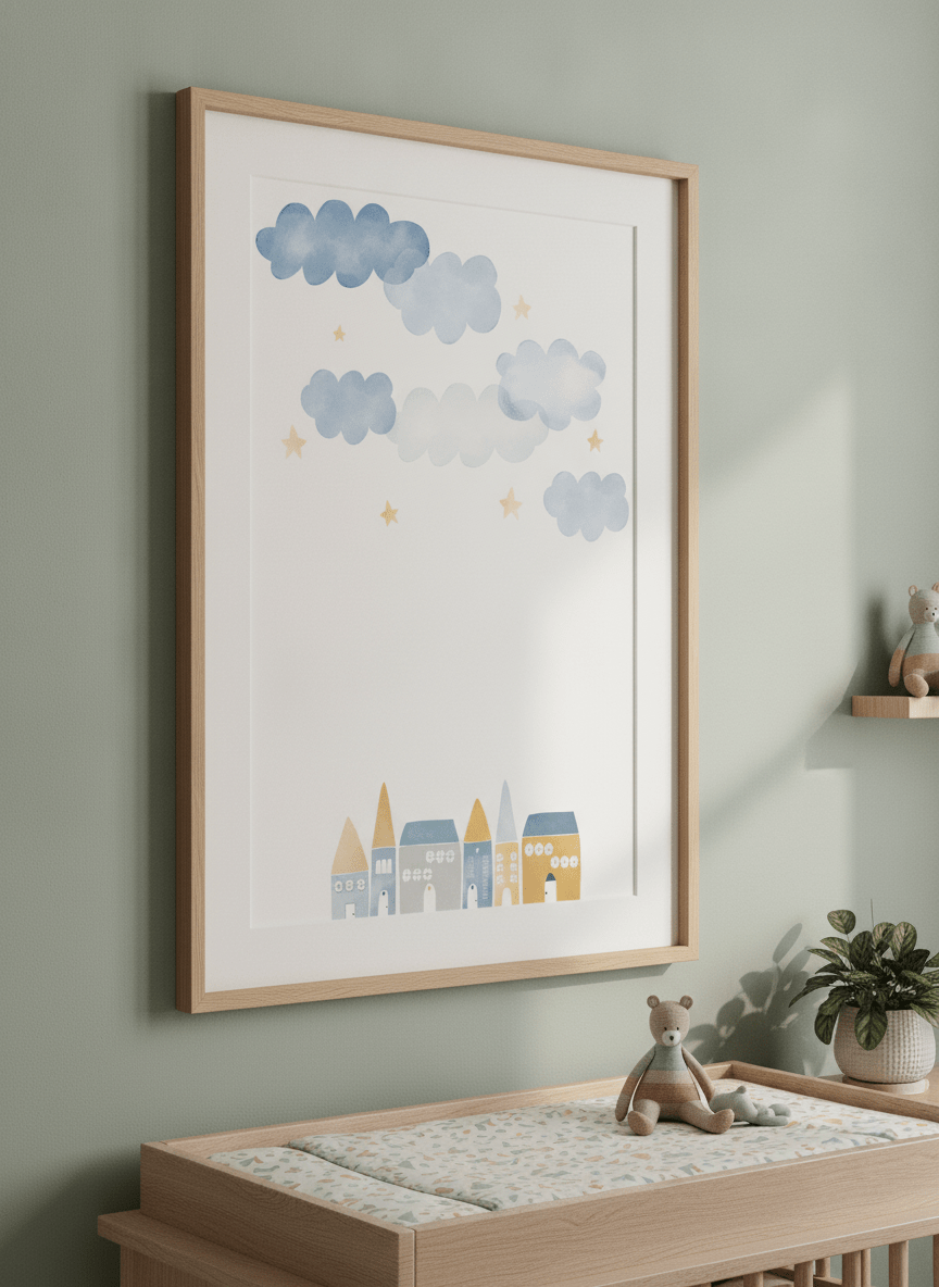 Soft neutral wall art styled in a serene nursery with pastel tones