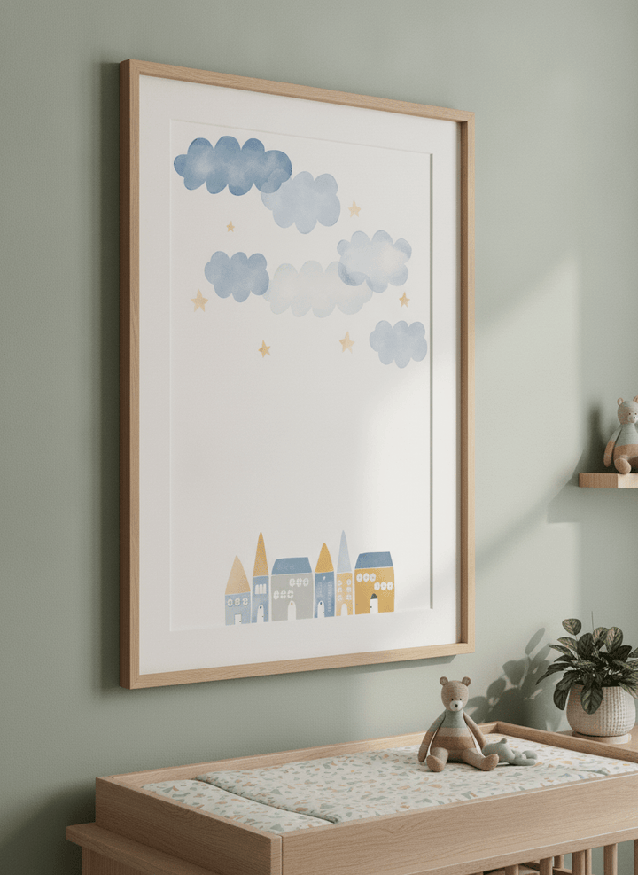 Soft neutral wall art styled in a serene nursery with pastel tones
