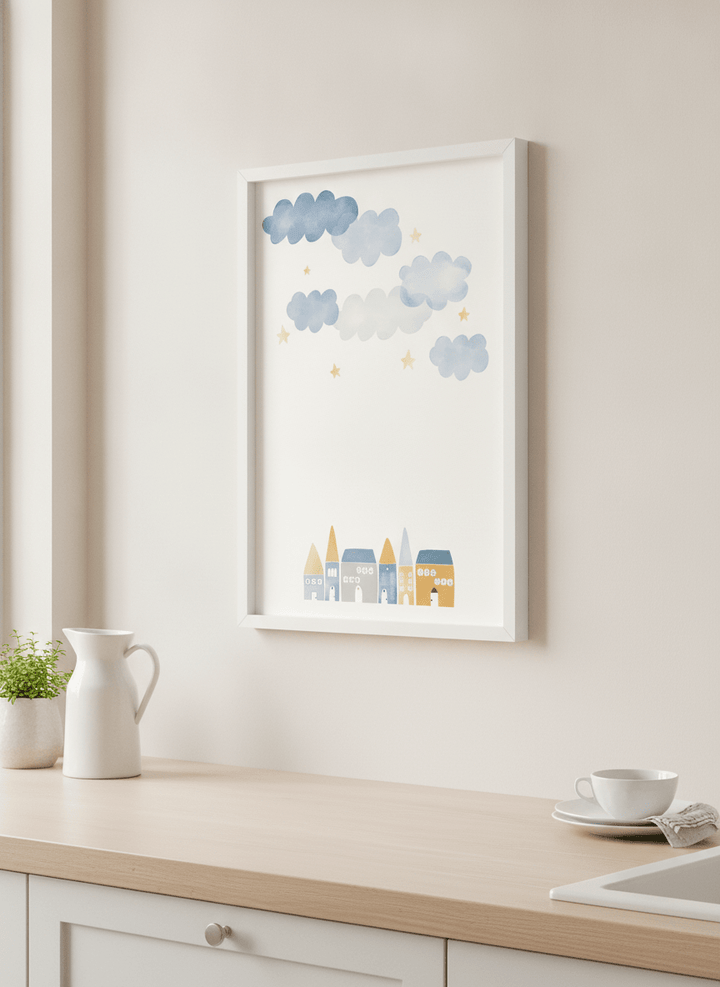 Artwork styled on the wall of a bright modern kitchen