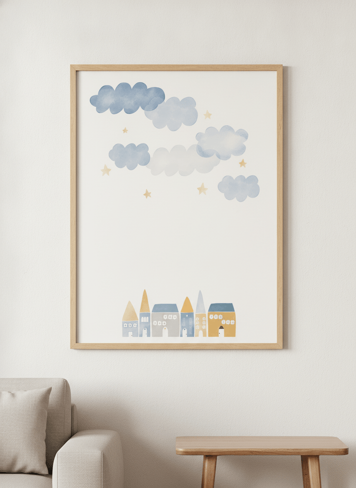 Modern wall art styled above a sofa in a neutral living room