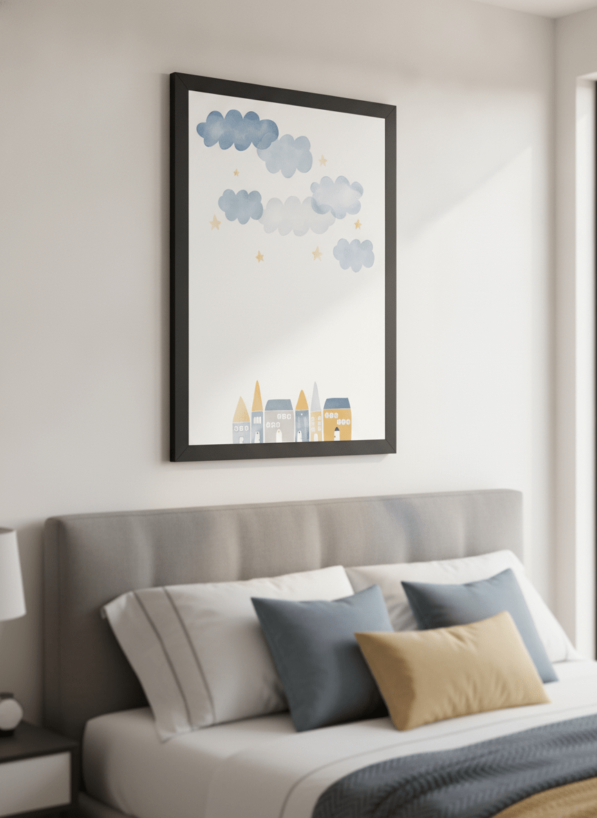 Minimalist artwork displayed in a calm, light-filled bedroom interior