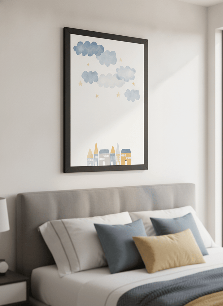 Minimalist artwork displayed in a calm, light-filled bedroom interior