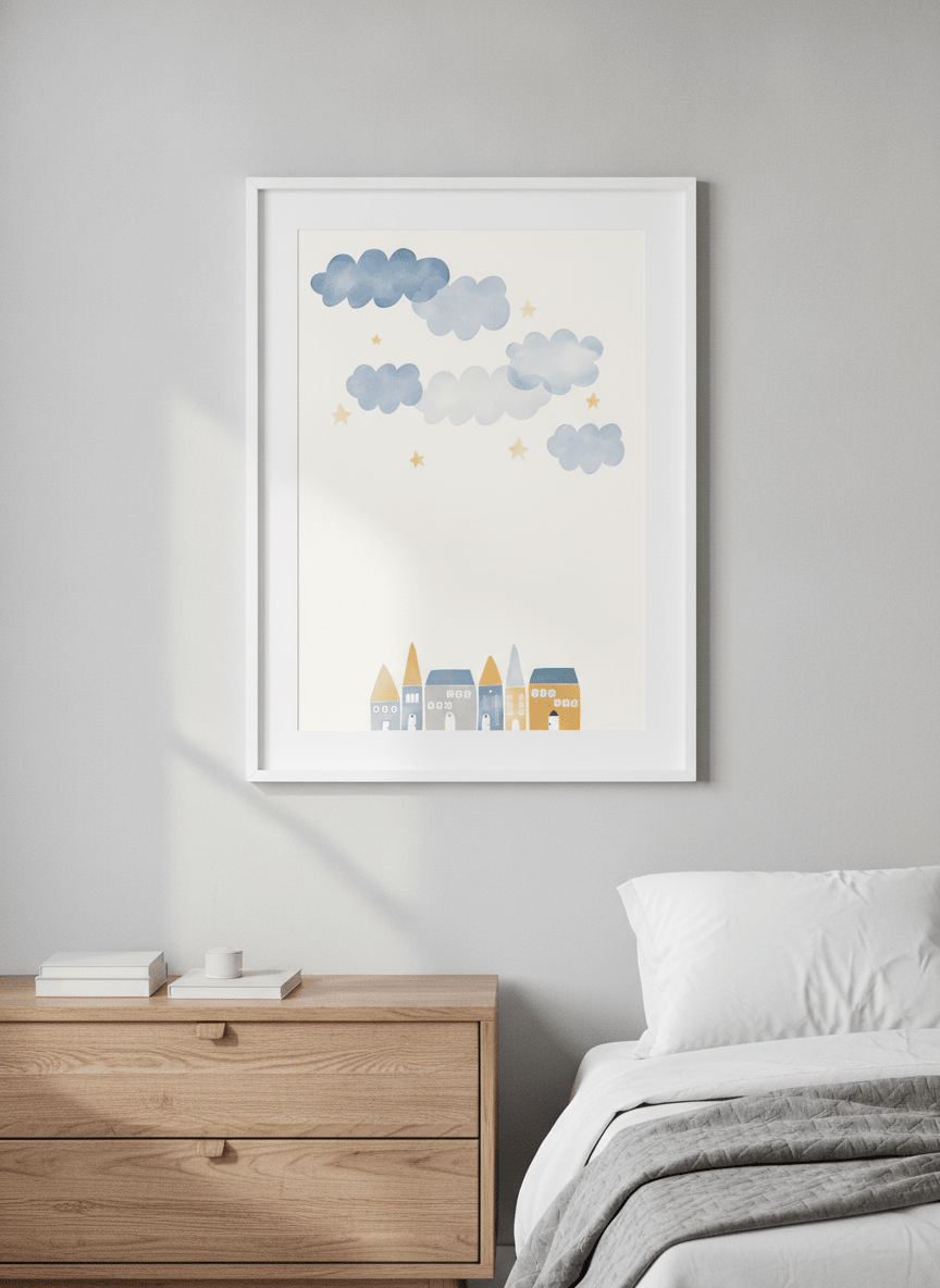 Minimalist artwork displayed in a calm, light-filled bedroom interior