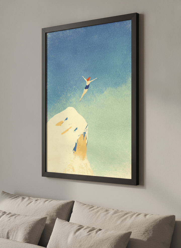Minimalist artwork displayed in a calm, light-filled bedroom interior