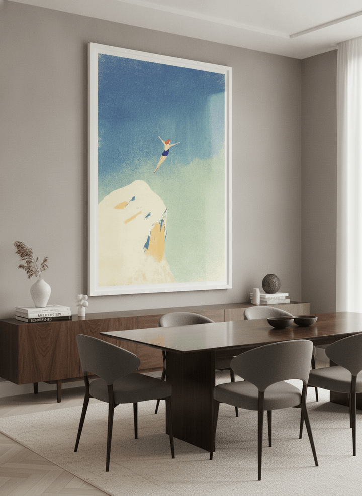 Monumental artwork centred on a feature wall in a luxe interior