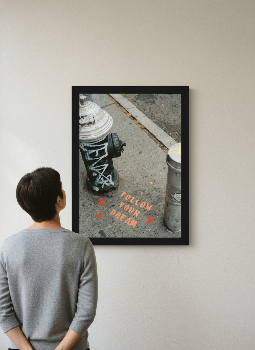 Person showcasing the artwork against a clean modern interior wall