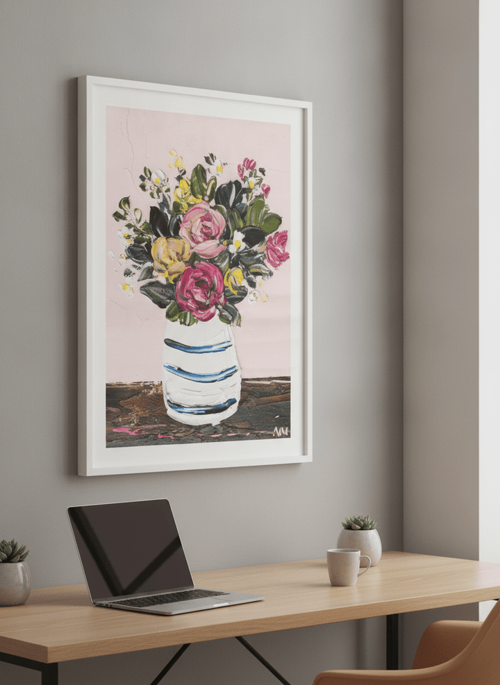 Contemporary wall art featured in a bright modern office workspace