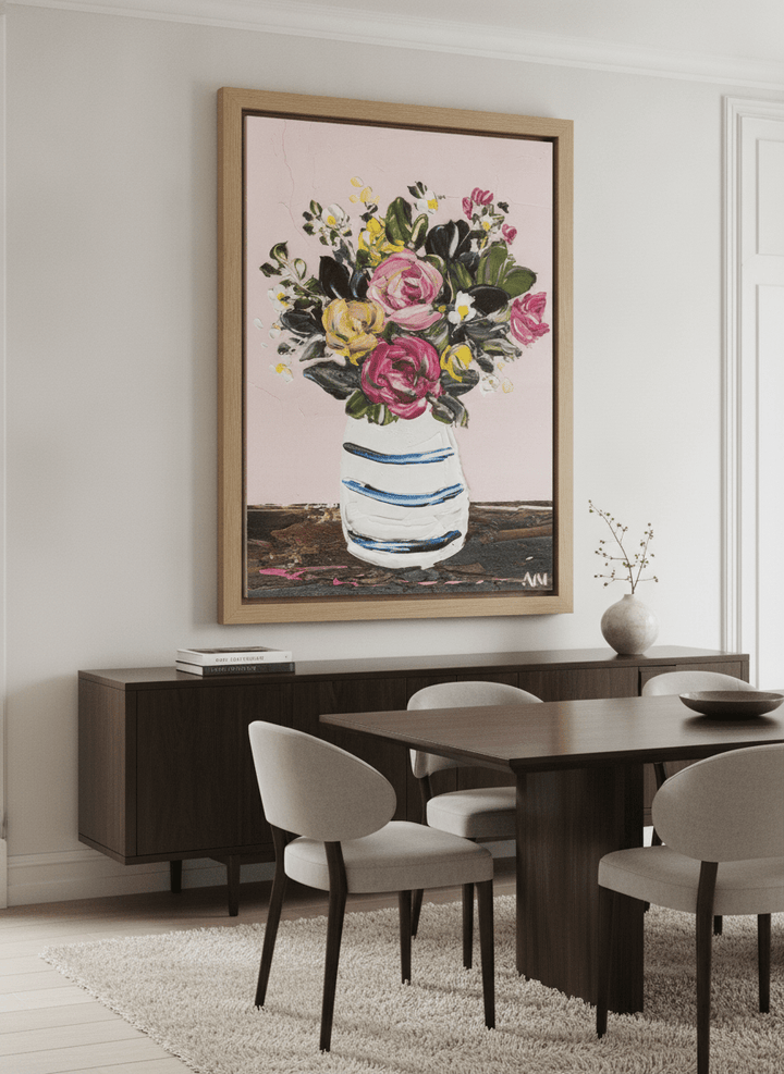 Monumental artwork centred on a feature wall in a luxe interior