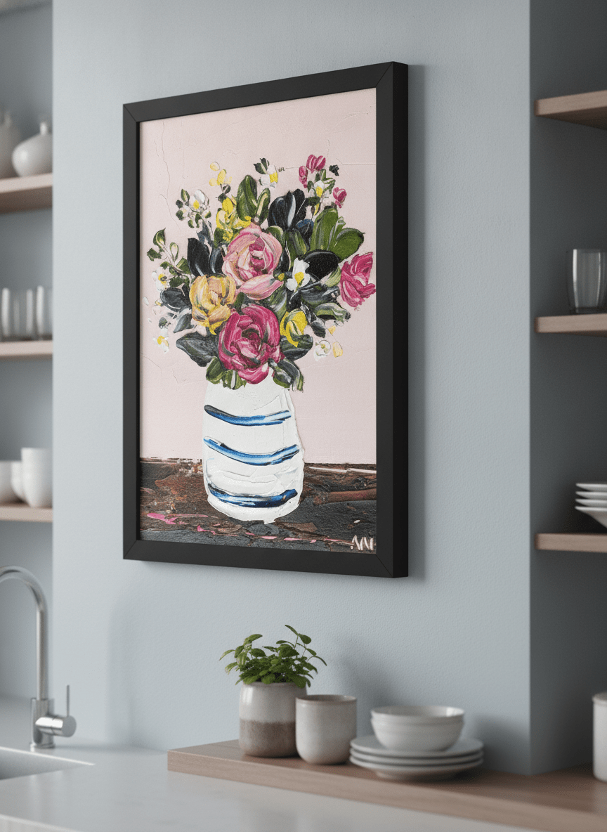 Artwork styled on the wall of a bright modern kitchen