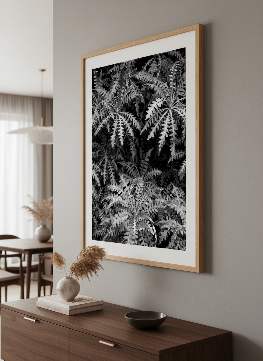 Wall art styled above a dining table in a contemporary home