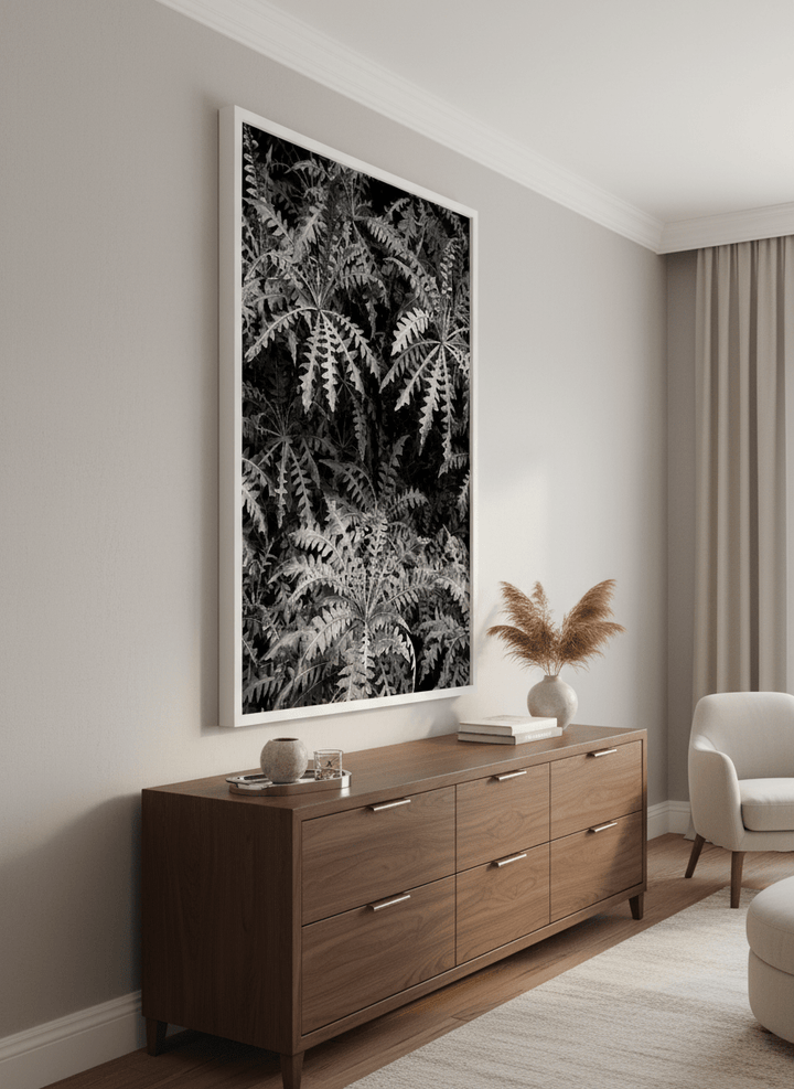 Monumental artwork centred on a feature wall in a luxe interior