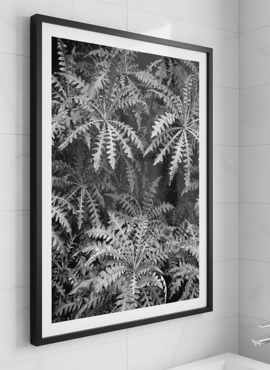 Modern print displayed in a clean minimalist bathroom setting