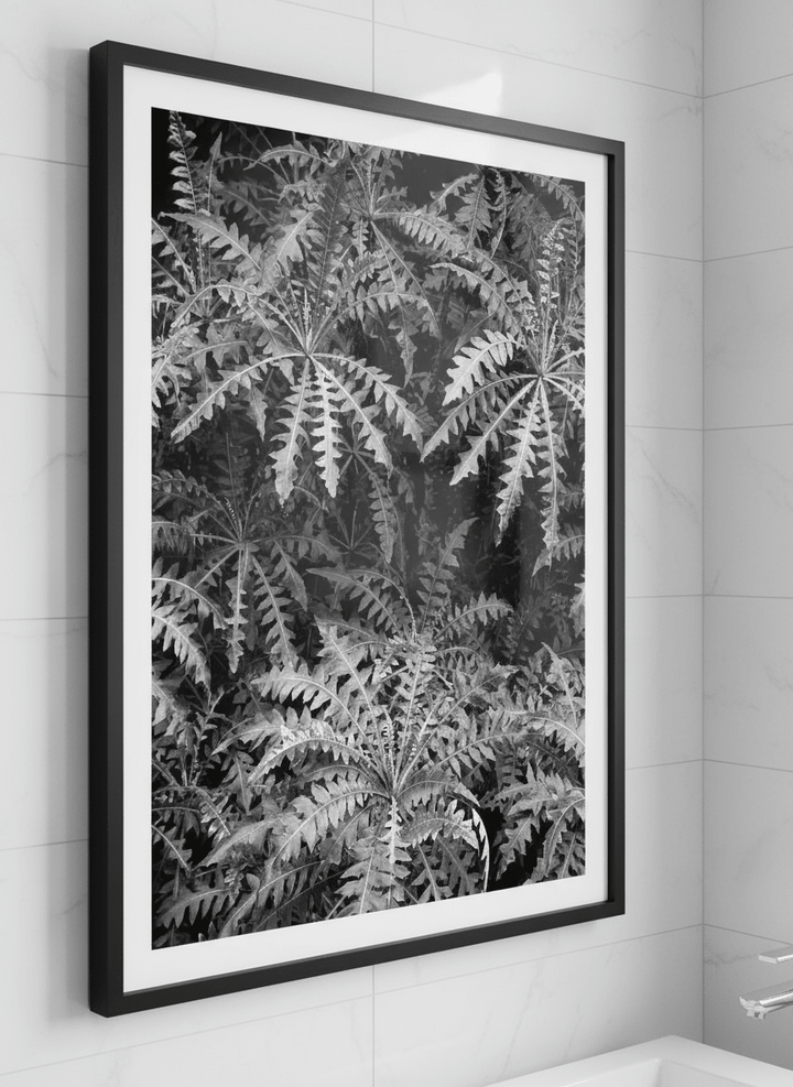 Modern print displayed in a clean minimalist bathroom setting